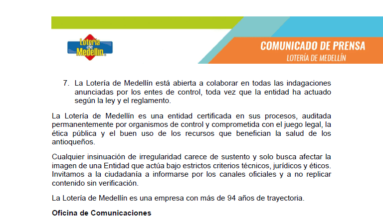 Lotería de Medellín aclara situación sobre premio de esposa del subgerente por mil millones de pesos