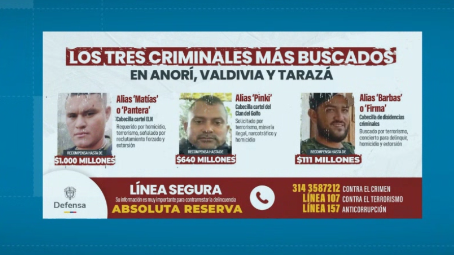 Recompensa hasta de mil millones de pesos por cabecillas que tienen guerra en el Norte de Antioquia
