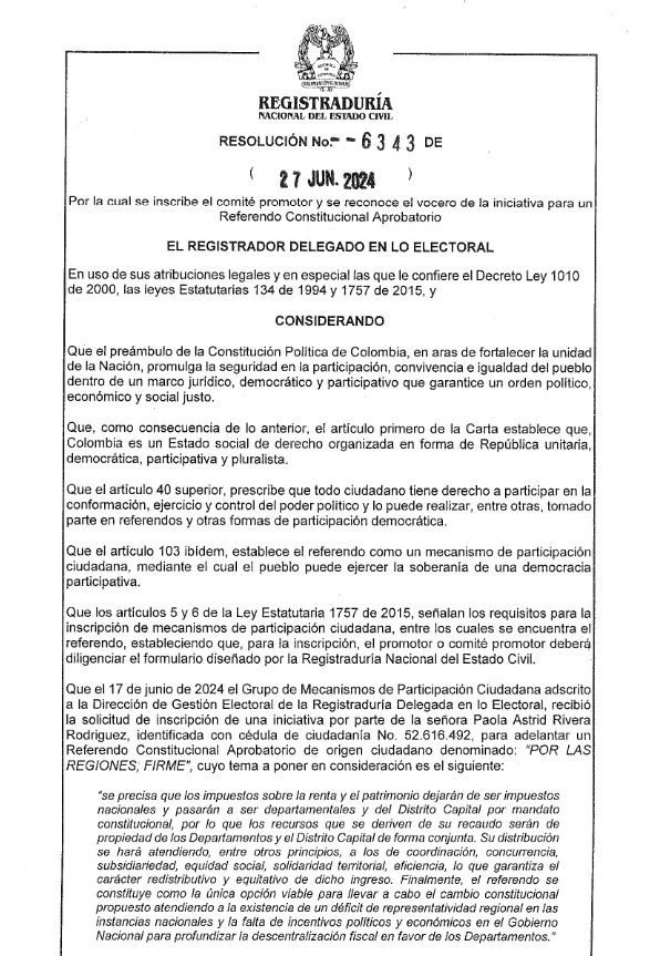 Registraduría avala iniciativa para que las regiones tengan autonomía fiscal