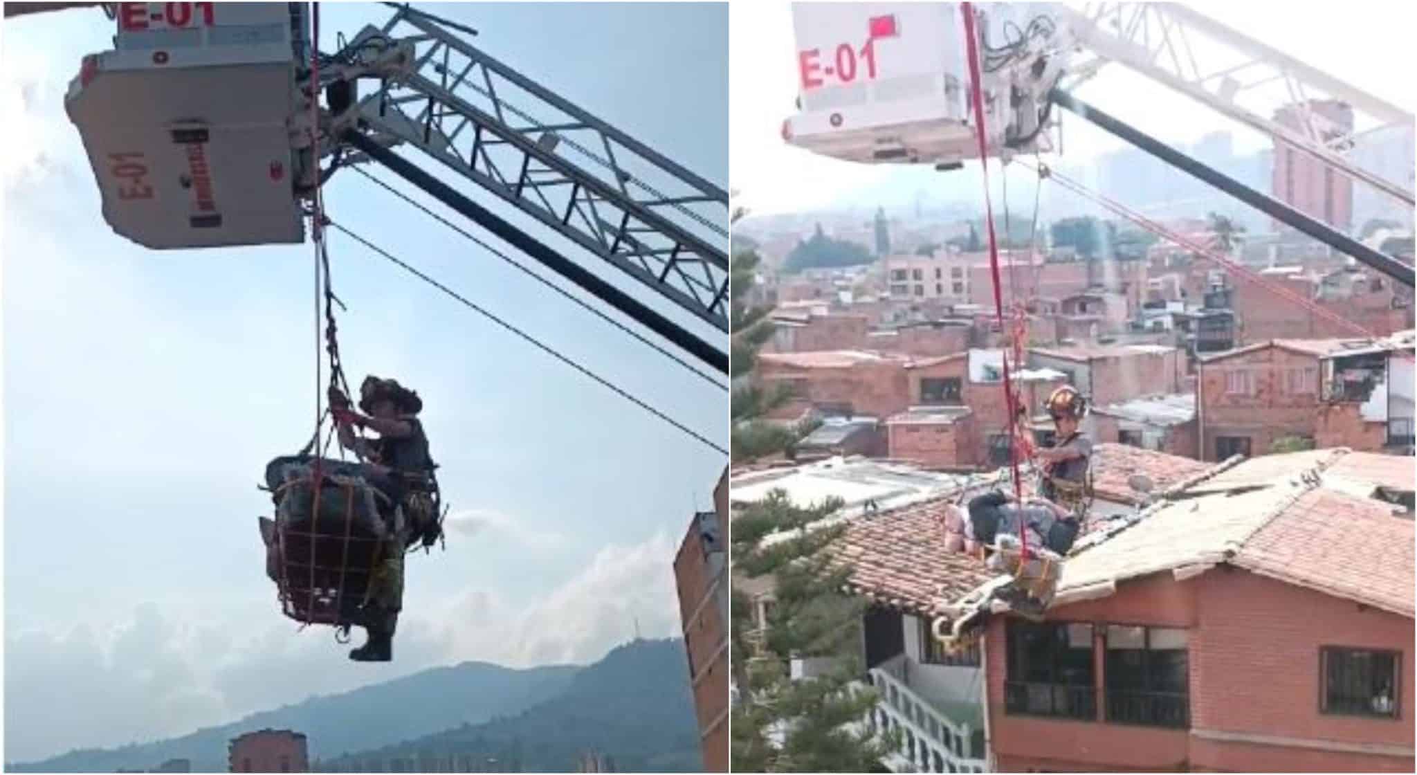 [Video] Una mujer que pesa 186 kilos fue bajada de un sexto piso con maquinaria