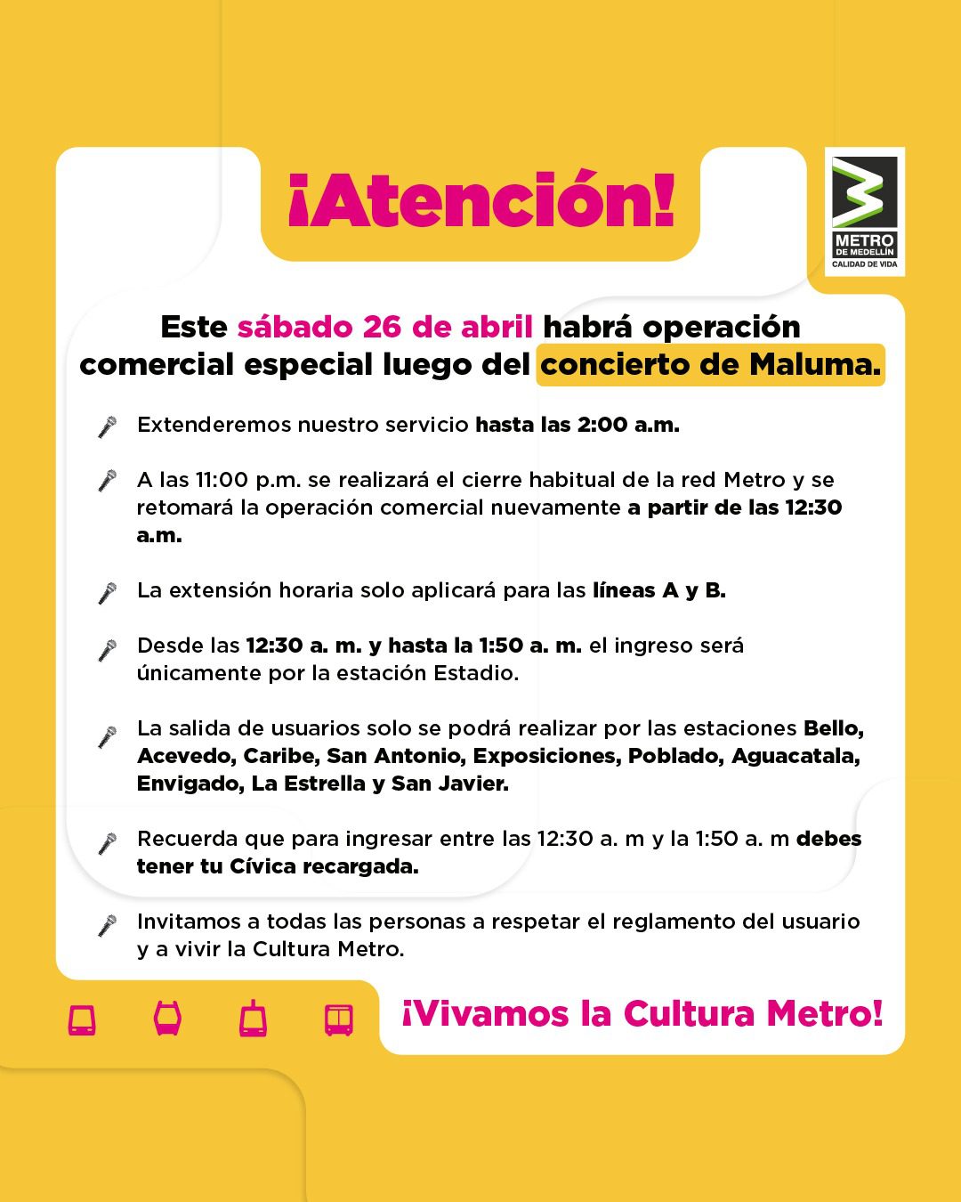 El Metro de Medellín extenderá su horario por el concierto de Maluma este sábado