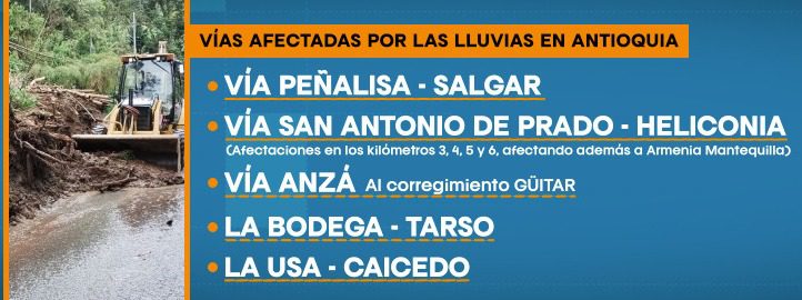 Estas son las vías de Antioquia que se encuentran afectadas por las fuertes lluvias