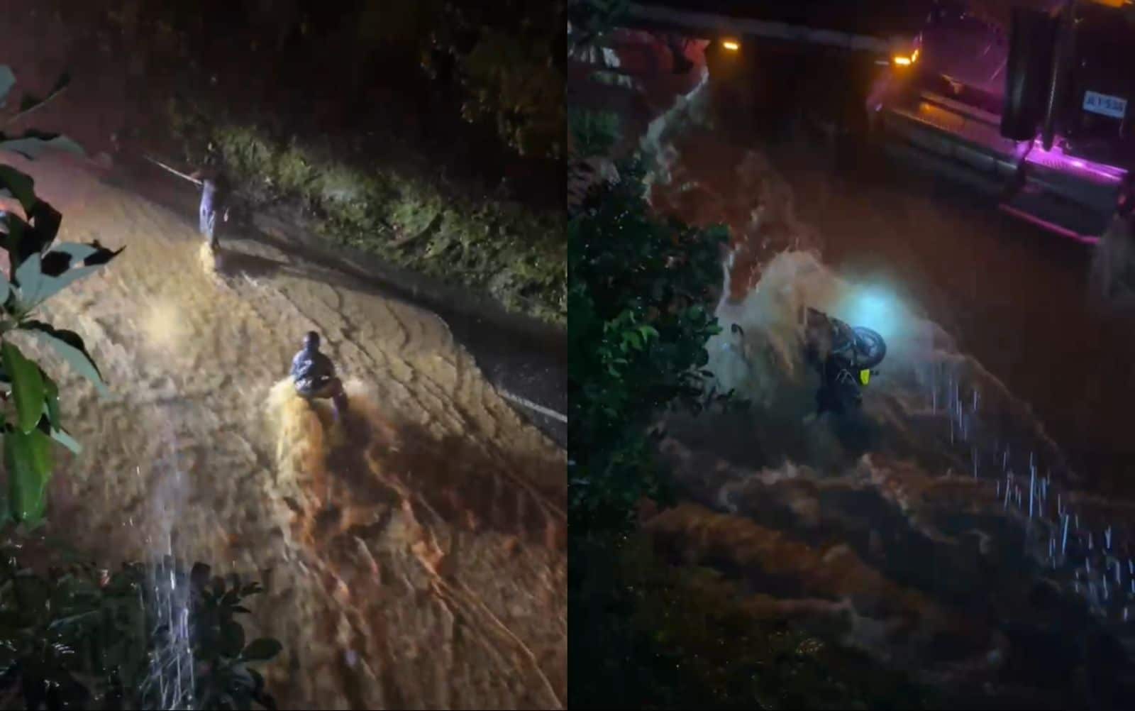 Motociclista casi es arrastrado por inundación en la autopista Medellín - Bogotá