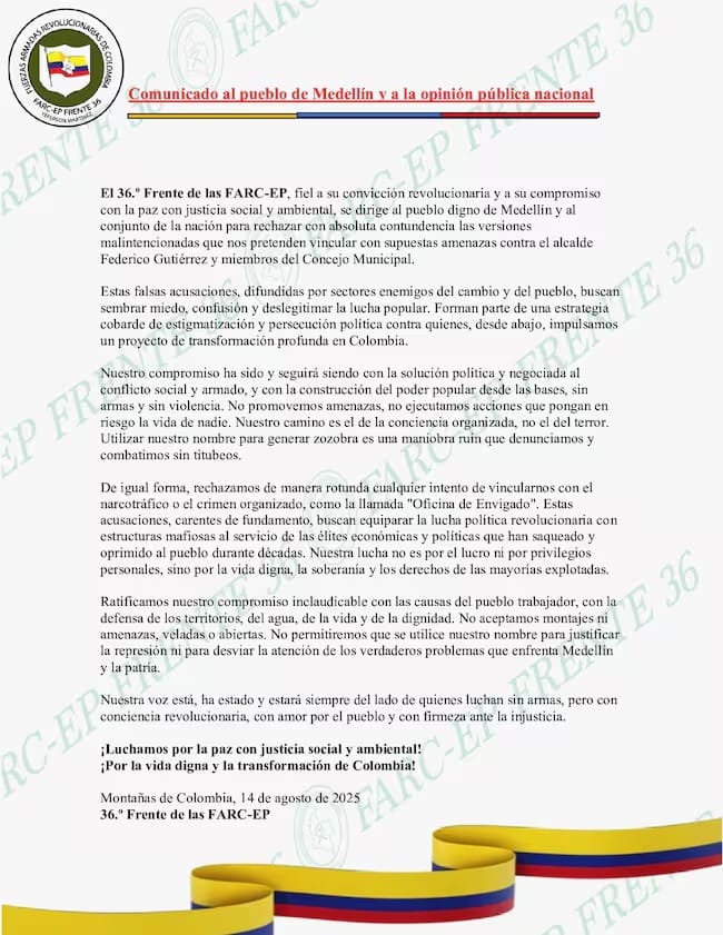 Disidencias de las Farc negaron plan contra Federico Gutiérrez y concejales