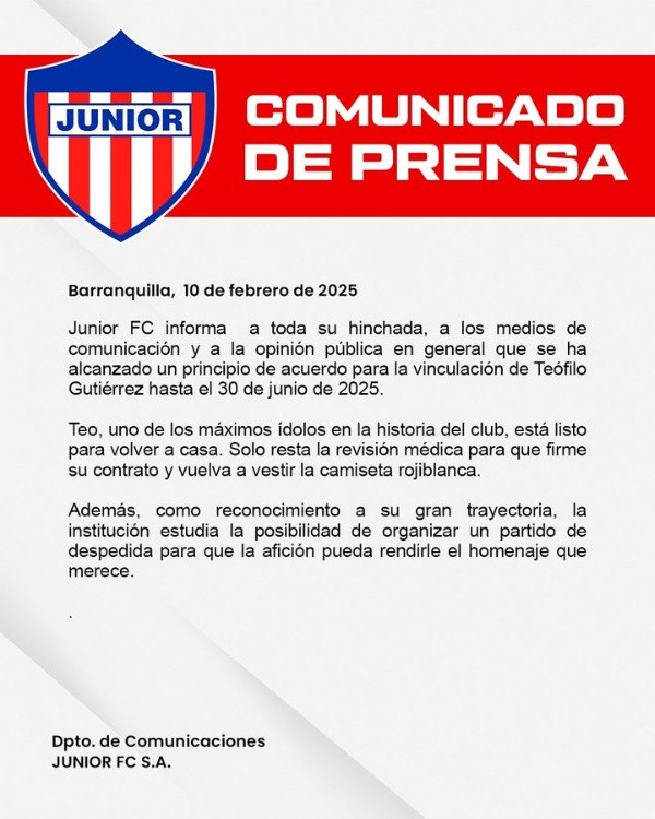  Comunicado de Junior.