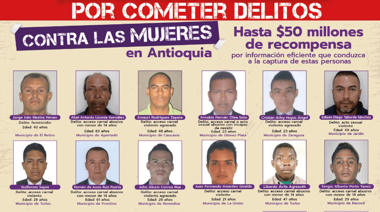 cartel más buscados Antioquia por delitos contra la mujer