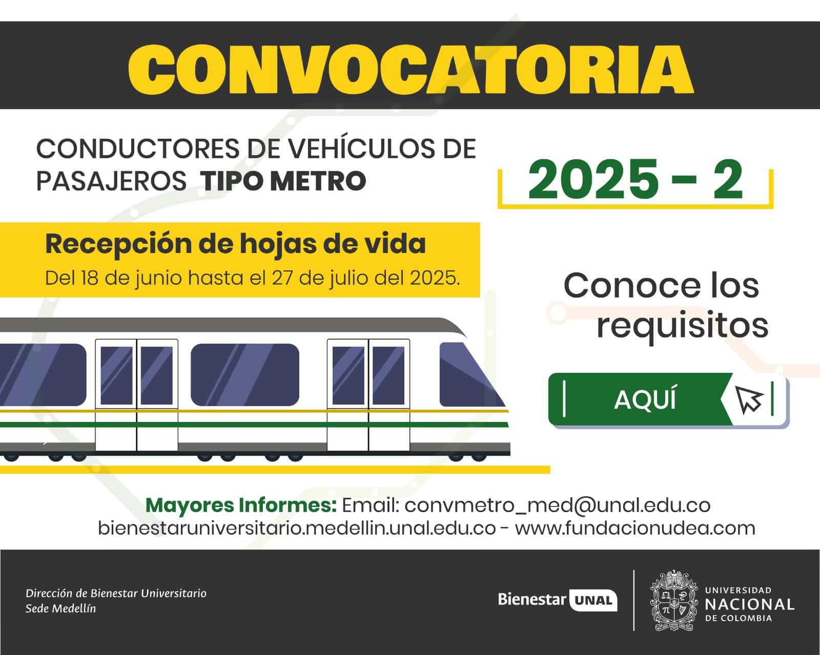 Convocatoria abierta para Conductores de Vehículos de Pasajeros tipo Metro 2025-2