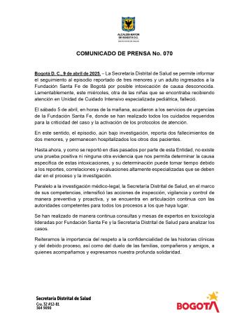 Comunicado de la Secretaría de Educación por muerte de niña intoxicada en Bogotá