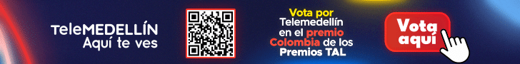 Banner con el logo de Telemedellín, código QR y texto con llamado a la acción para votar por Telemedellín en los Premios TAL