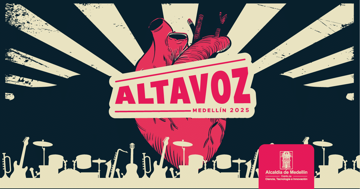 Banner con el logo de Altavoz, siluetas de instrumentos blancas en fondo azul oscuro y el logo de la Alcaldía de Medellín