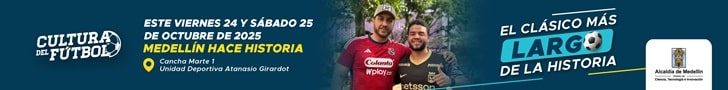 Banner con foto de un hincha de Atlético Nacional y otro del Deportivo Independiente Medellín para promocionar el clásico más largo de la historia este viernes 24 y sábado 25 de octubre en la cancha Marte 1