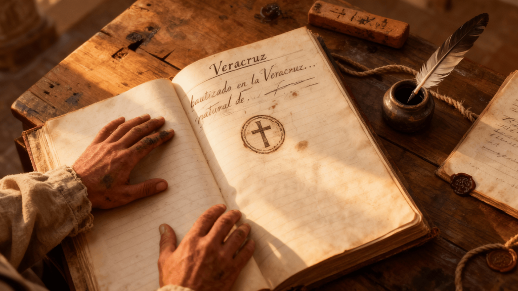 Libro abierto con unas manos encima donde se lee la palabra Veracruz