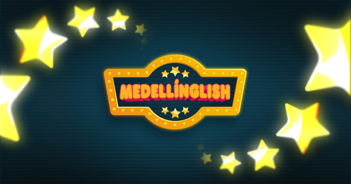Banner con el logo del programa Medellinglish en el centro y estrellas alrededor