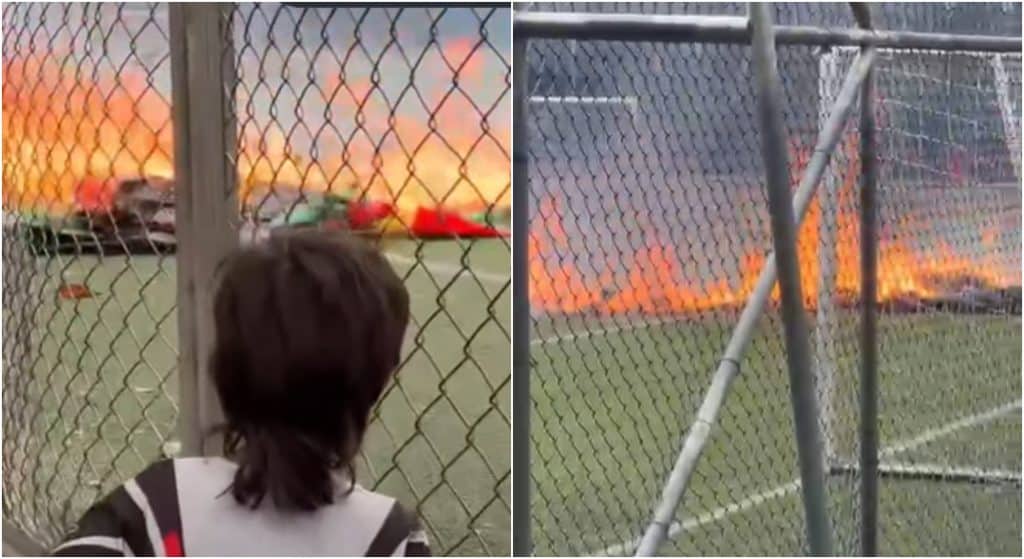 Un globo de mecha cae en el Polideportivo Sur de Envigado durante un entrenamiento infantil