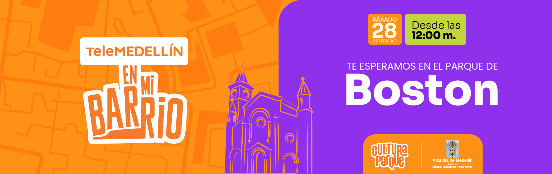 Banner con el logo de Telemedellín en mi barrio y la próxima visita al Parque de Boston