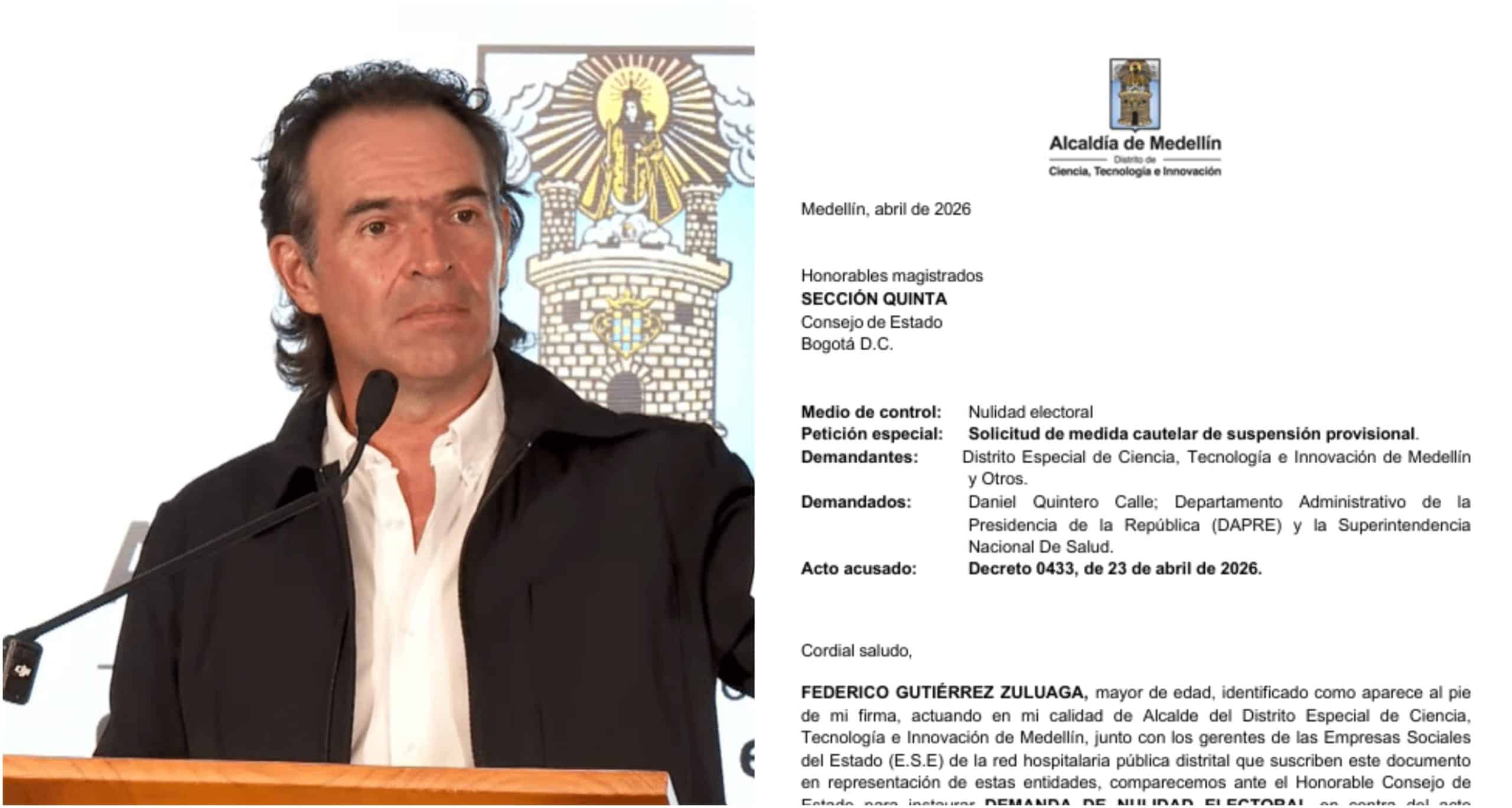 Alcalde Federico Gutiérrez radica demanda de nulidad contra nombramiento de Daniel Quintero como superintendente nacional de salud