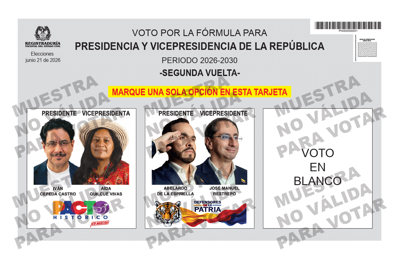 Este es el tarjetón para la segunda vuelta presidencial