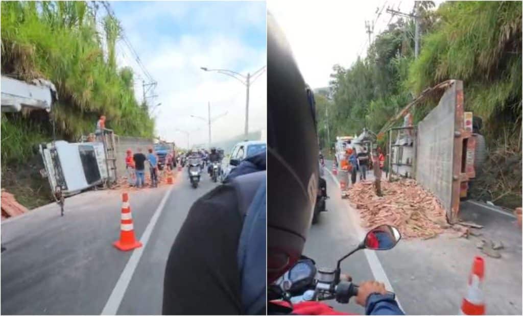 Colapso de movilidad en la variante a Caldas por volcamiento de camión