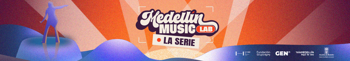 Banner promocional de Medellín Music Lab: La Serie, con el logotipo del programa sobre un fondo ilustrado con luces de escenario, montañas y la silueta de una persona, junto a los logos de las entidades aliadas.