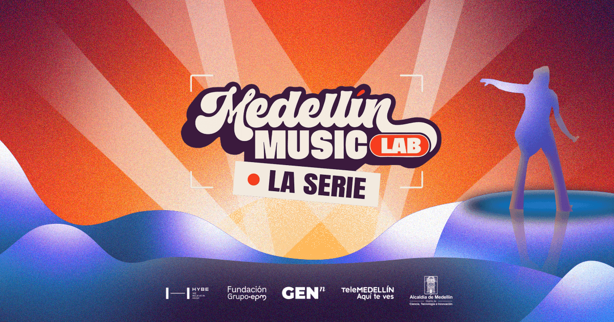 Banner promocional de Medellín Music Lab: La Serie, con el logotipo del programa sobre un fondo ilustrado con luces de escenario, montañas y la silueta de una persona, junto a los logos de las entidades aliadas.