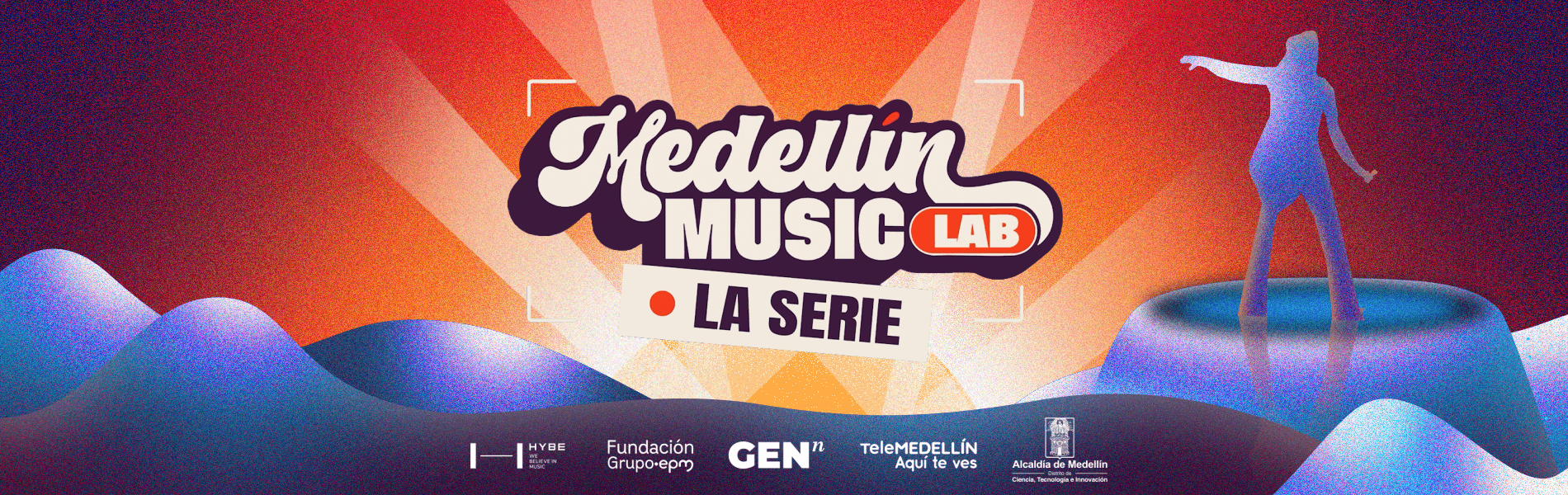 Banner promocional de Medellín Music Lab: La Serie, con el logotipo del programa sobre un fondo ilustrado con luces de escenario, montañas y la silueta de una persona, junto a los logos de las entidades aliadas.