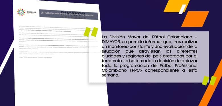 Dimayor suspende partidos del fútbol colombiano tras sismo