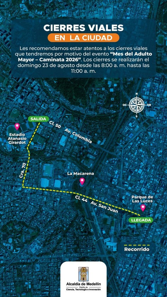 Cierres viales en Medellín por la Caminata del Mes del Adulto Mayor