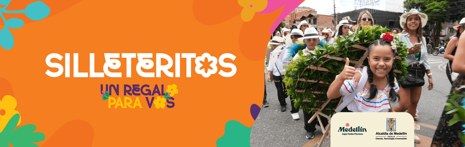 Banner del Desfile de Silleteritos de la Feria de las Flores, con una niña portando una silleta tradicional durante el desfile y la campaña 