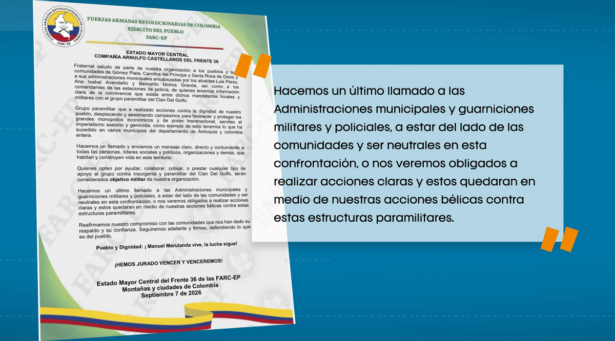 Amenazas del Frente 36 de las disidencias de las Farc contra alcaldes del norte de Antioquia