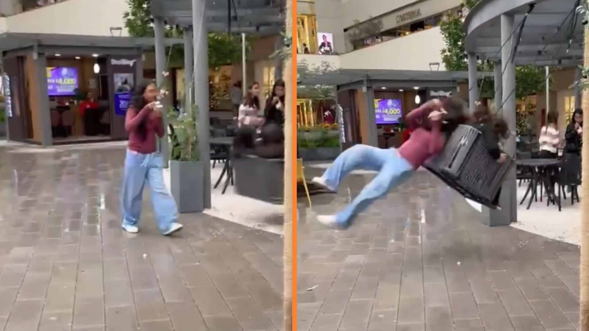 ¡Tremendo golpe! Joven iba distraída con su helado y un columpio la tiró al suelo